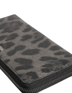 Black Gray Leopard Leather Zip Around Continental Wallet