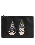 Black Leather #DGFAMILY Embellished Men Clutch Pouch Bag