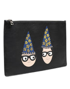 Black Leather #DGFAMILY Embellished Men Clutch Pouch Bag