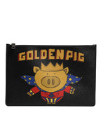 Black Leather Golden Pig Print Men Clutch Pouch Borse Bag