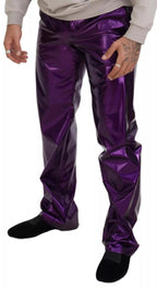 Purple Metallic Nylon Straight Trouser Pants