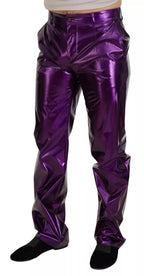 Purple Metallic Nylon Straight Trouser Pants