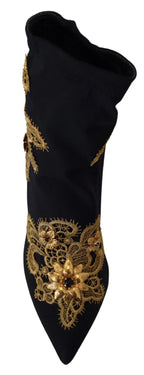 Black Gold Embroidery Crystal Boots Shoes