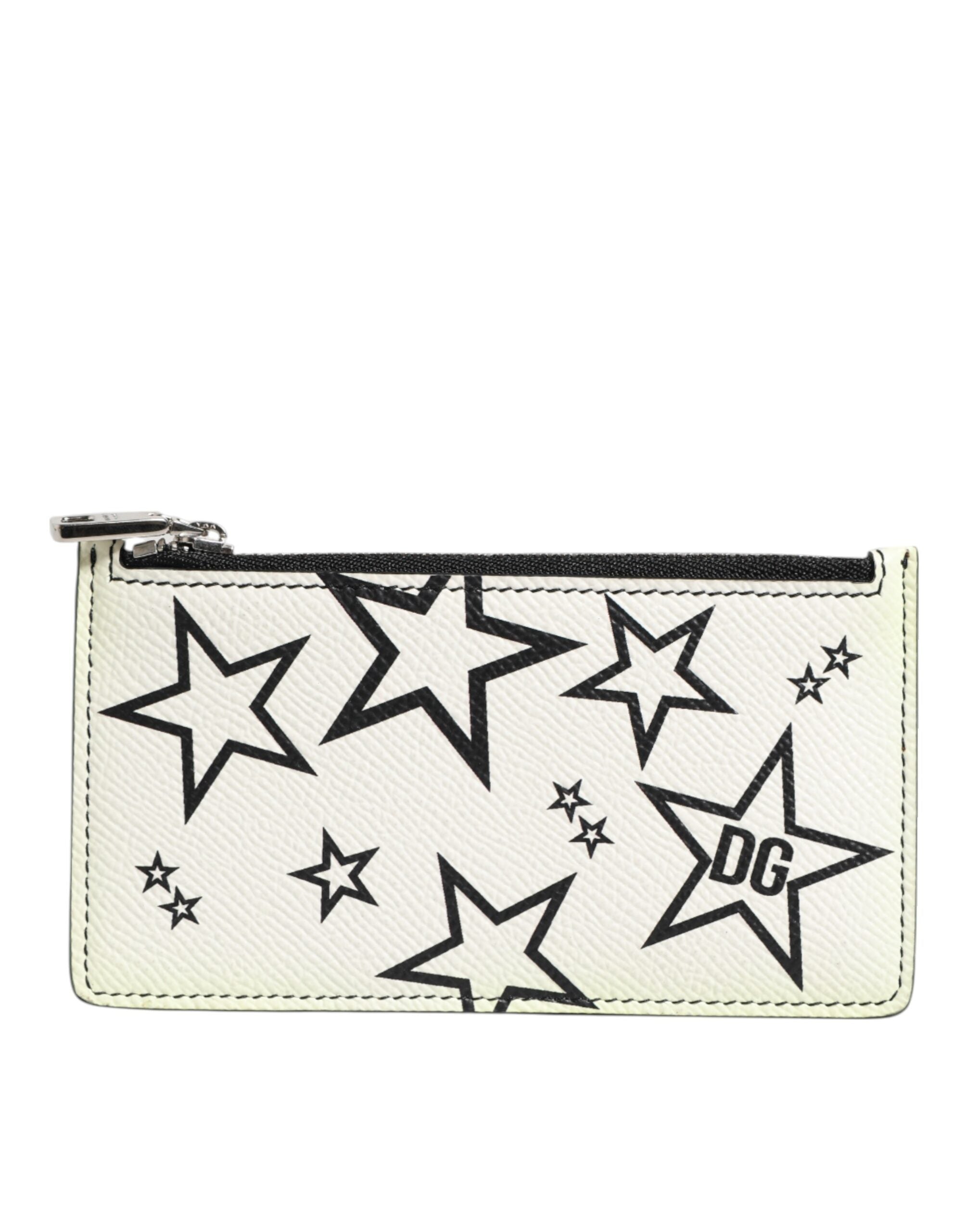 White Leather Douphin DG Logo Star Print Card Holder Wallet