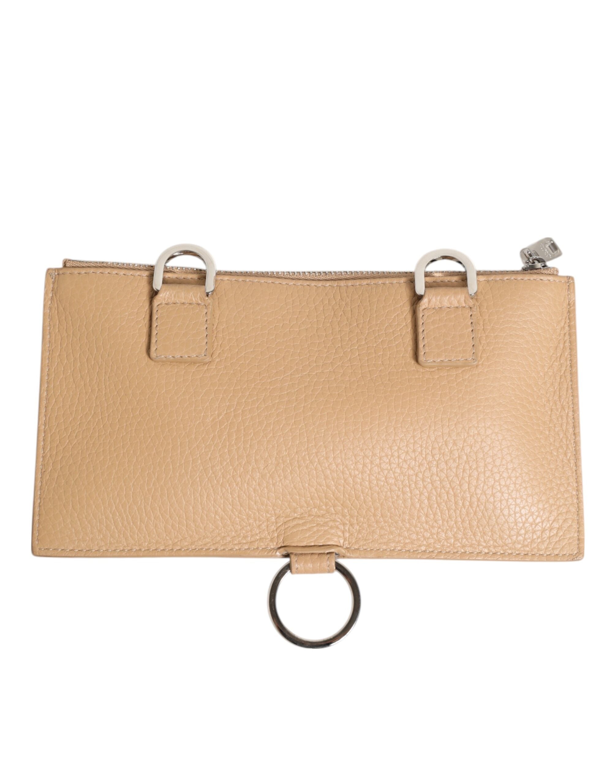Beige Calfskin Leather Large Crossbody Card Holder Wallet