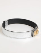 Silver Textured Leather Gold Tone Metal Neckband