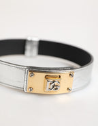 Silver Textured Leather Gold Tone Metal Neckband