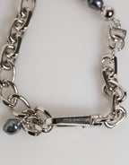 Silver Tone Chain Lobster Clasp Logo Gray Pearls Bracelet