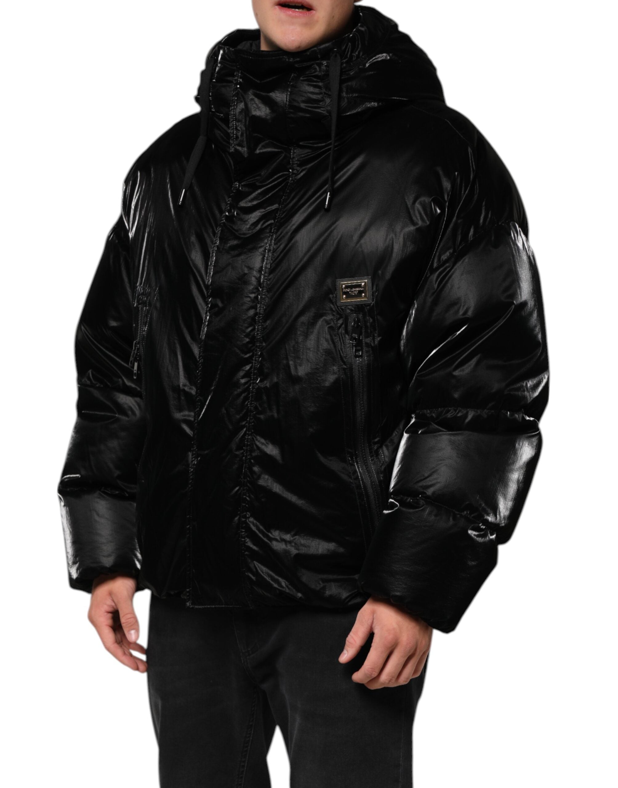 Black Logo Full Zip Hooded Quilted Jacket