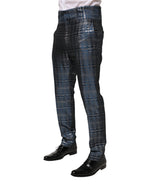 Blue Silver Shiny Silk Skinny Men Trouser Pants