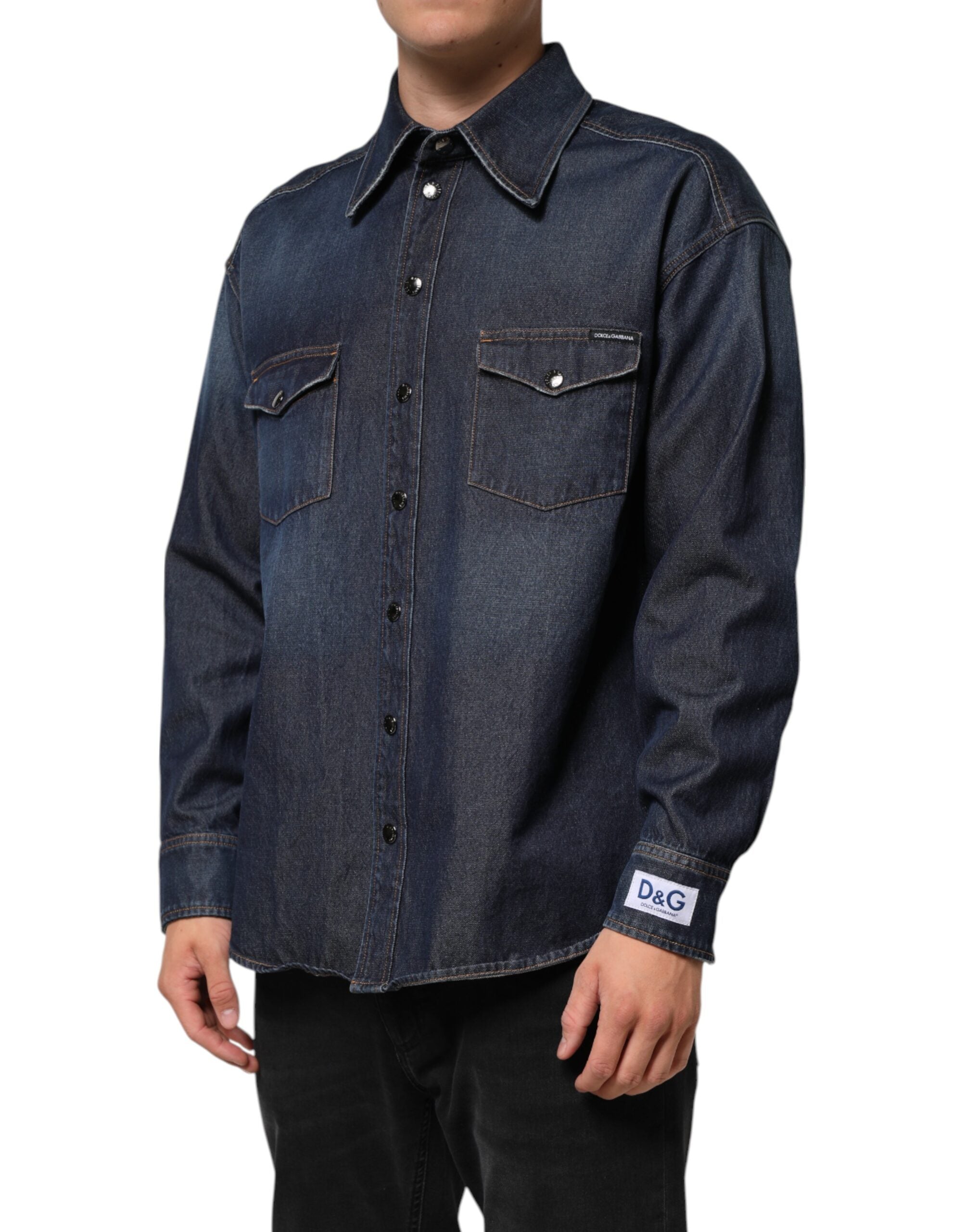 Blue Denim Button Casual Logo Patch Men Shirt
