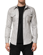 Metallic Gray Cotton Button Down Men Shirt