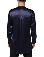 Navy Silk Long Sleeve Mandarin Collar Shirt