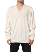 Ivory Virgin Wool Men V-Neck Knit Sweater