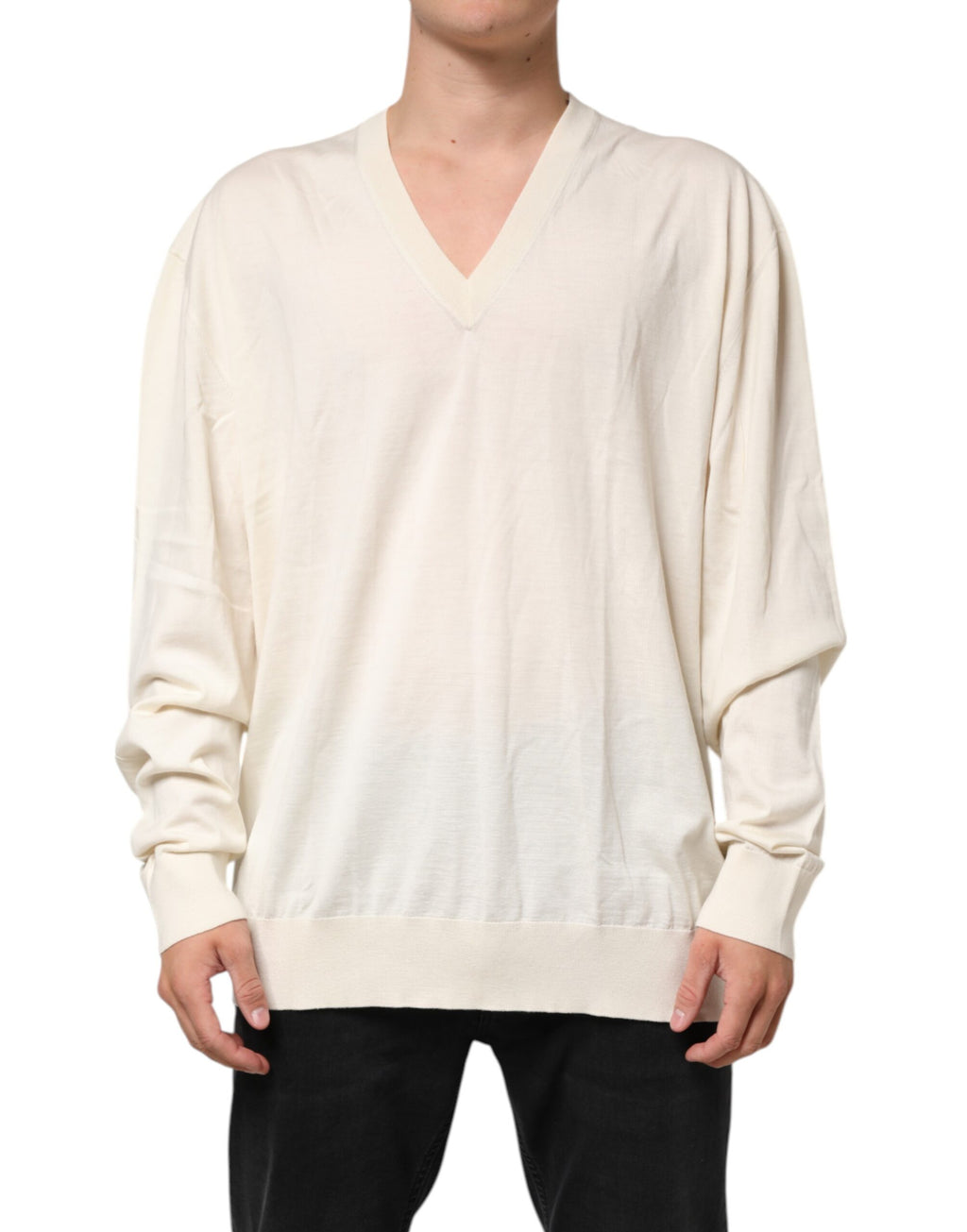 Ivory Virgin Wool Men V-Neck Knit Sweater