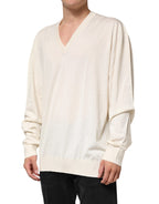 Ivory Virgin Wool Men V-Neck Knit Sweater