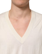 Ivory Virgin Wool Men V-Neck Knit Sweater
