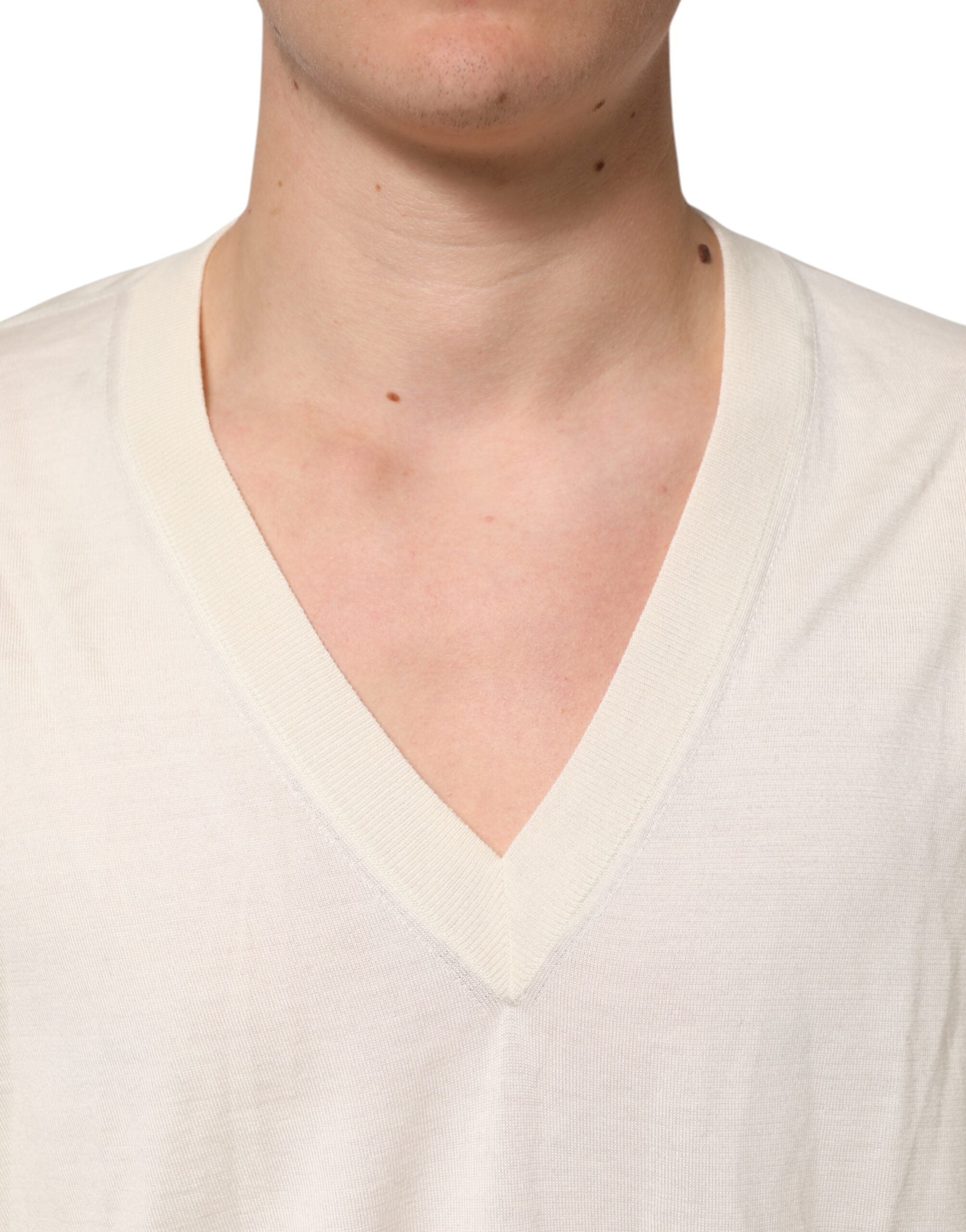 Ivory Virgin Wool Men V-Neck Knit Sweater