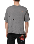Gray Cotton Tattered Logo Patch Men T-shirt