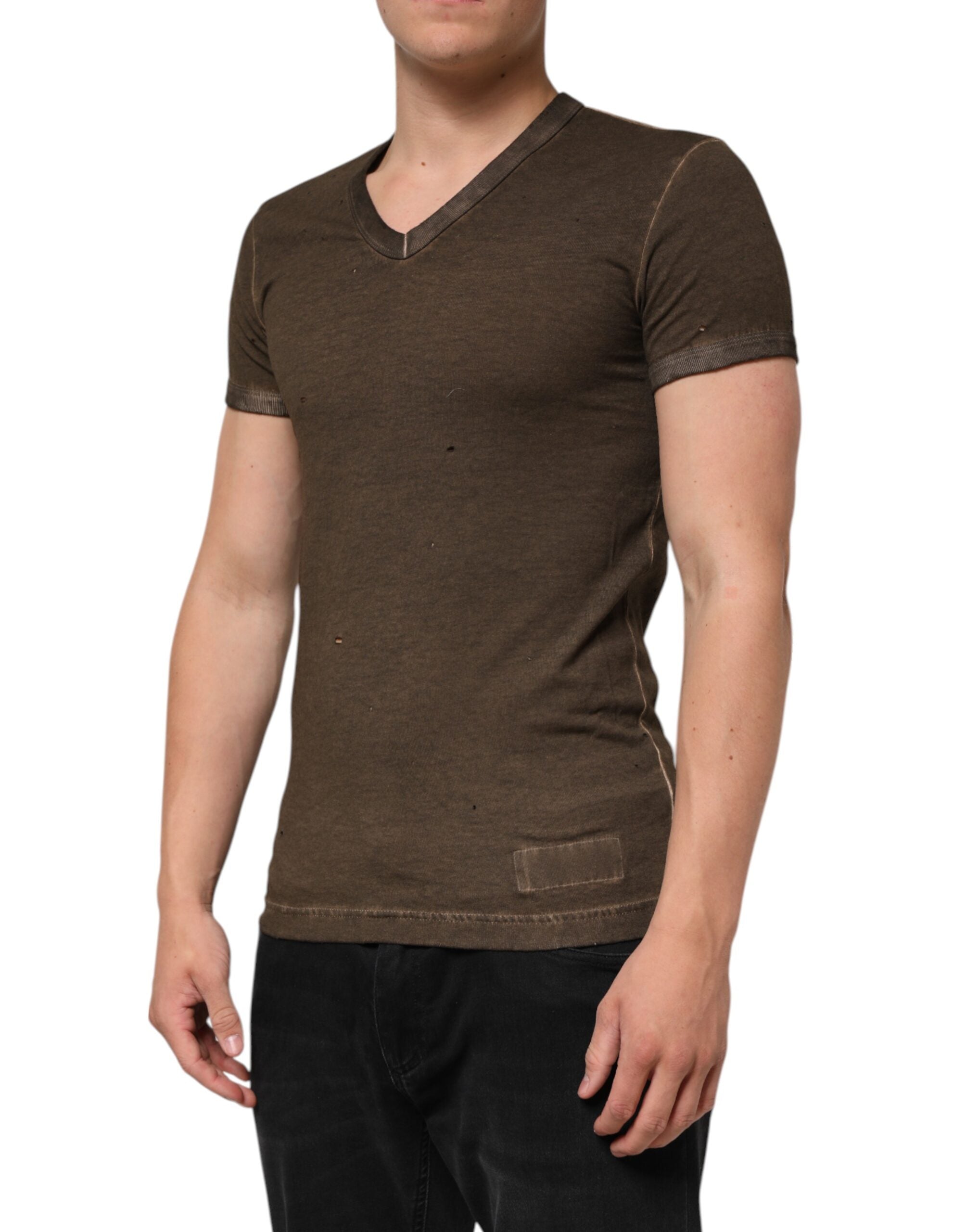 Dark Brown Cotton Tattered Logo Men T-shirt
