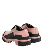Light Powder Pink Black Leather Lace-Up Shoes