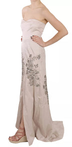 Beige Sequined Flower Flare Ball Gown Dress