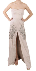 Beige Sequined Flower Flare Ball Gown Dress