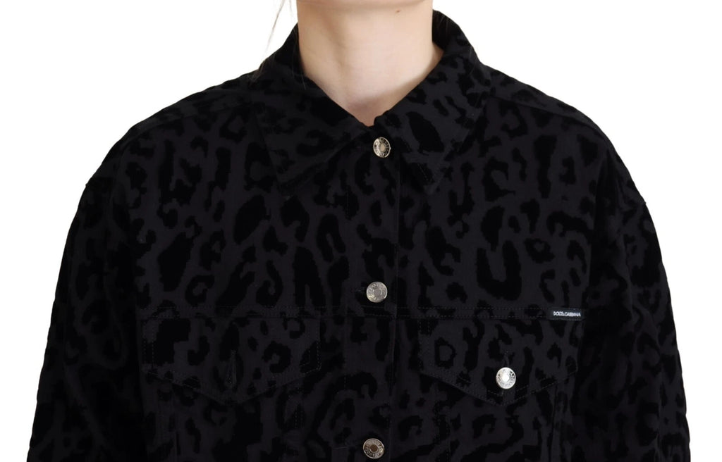 Cotton Black Leopard Long Sleeve Denim Jacket
