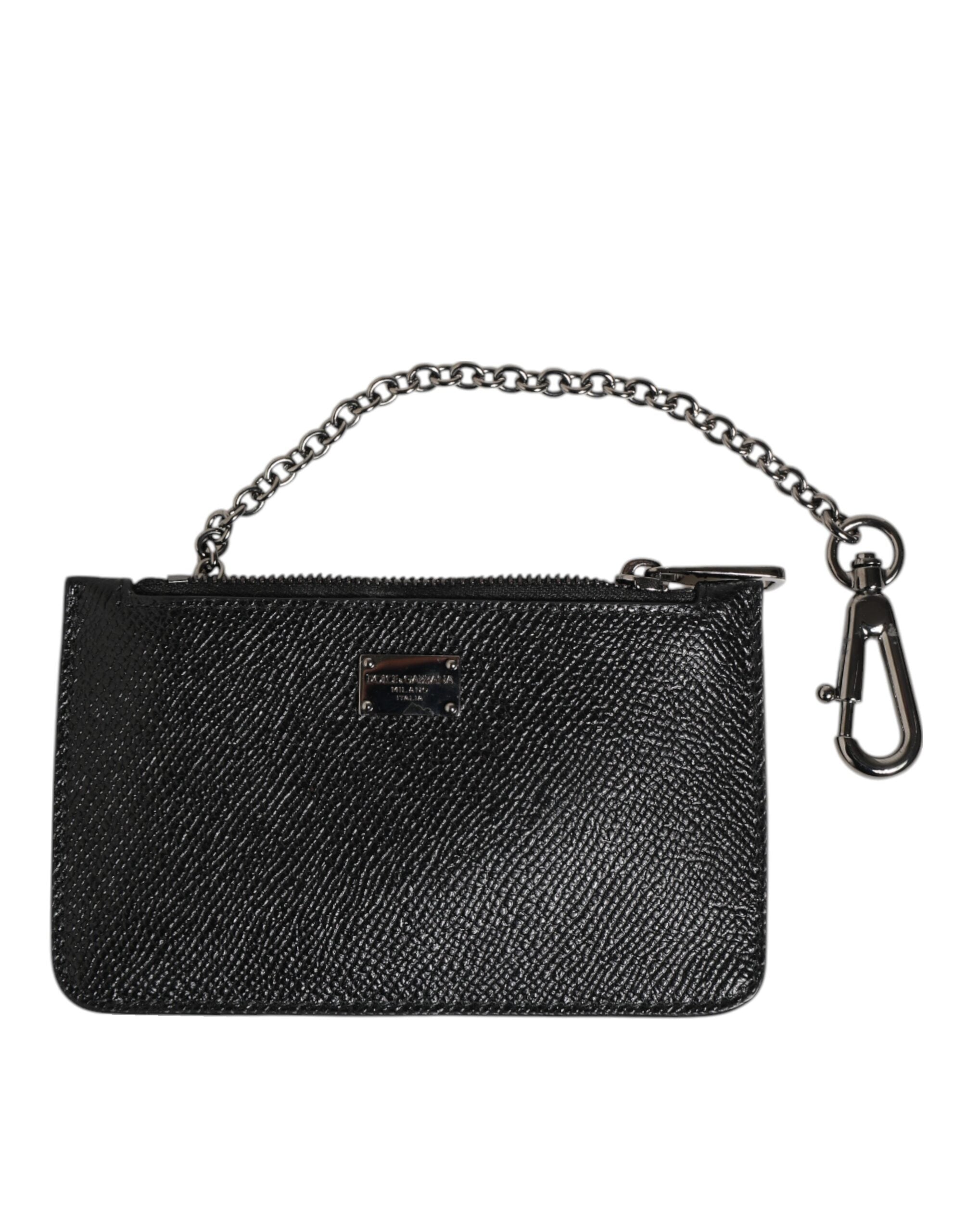 Black Leather Chain Link Mens Coin Purse Key Clip Holder Wallet