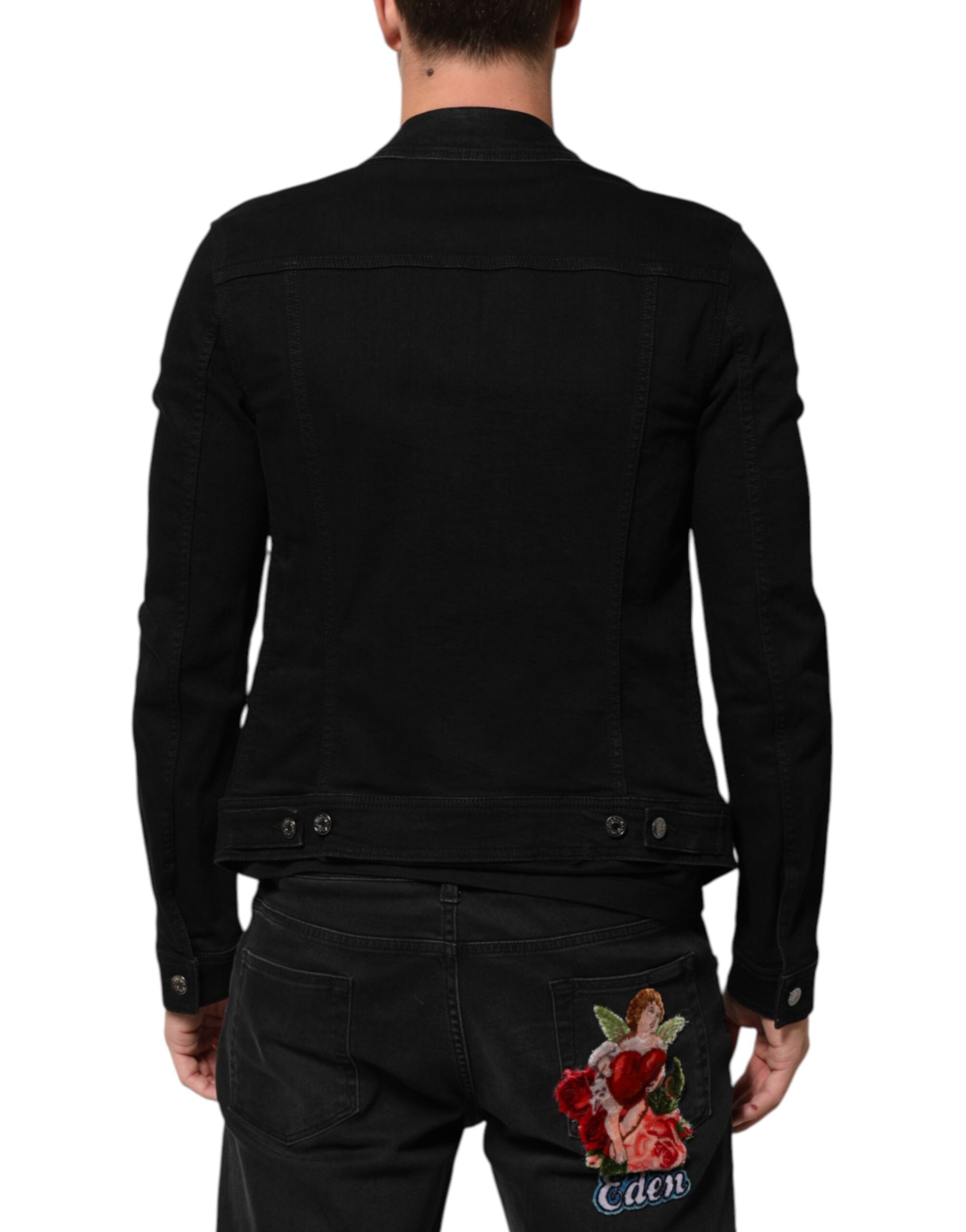 Black Cotton Denim Stretch Button Up Jacket