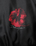 Black Red Floral Silk Bomber Blouson Jacket