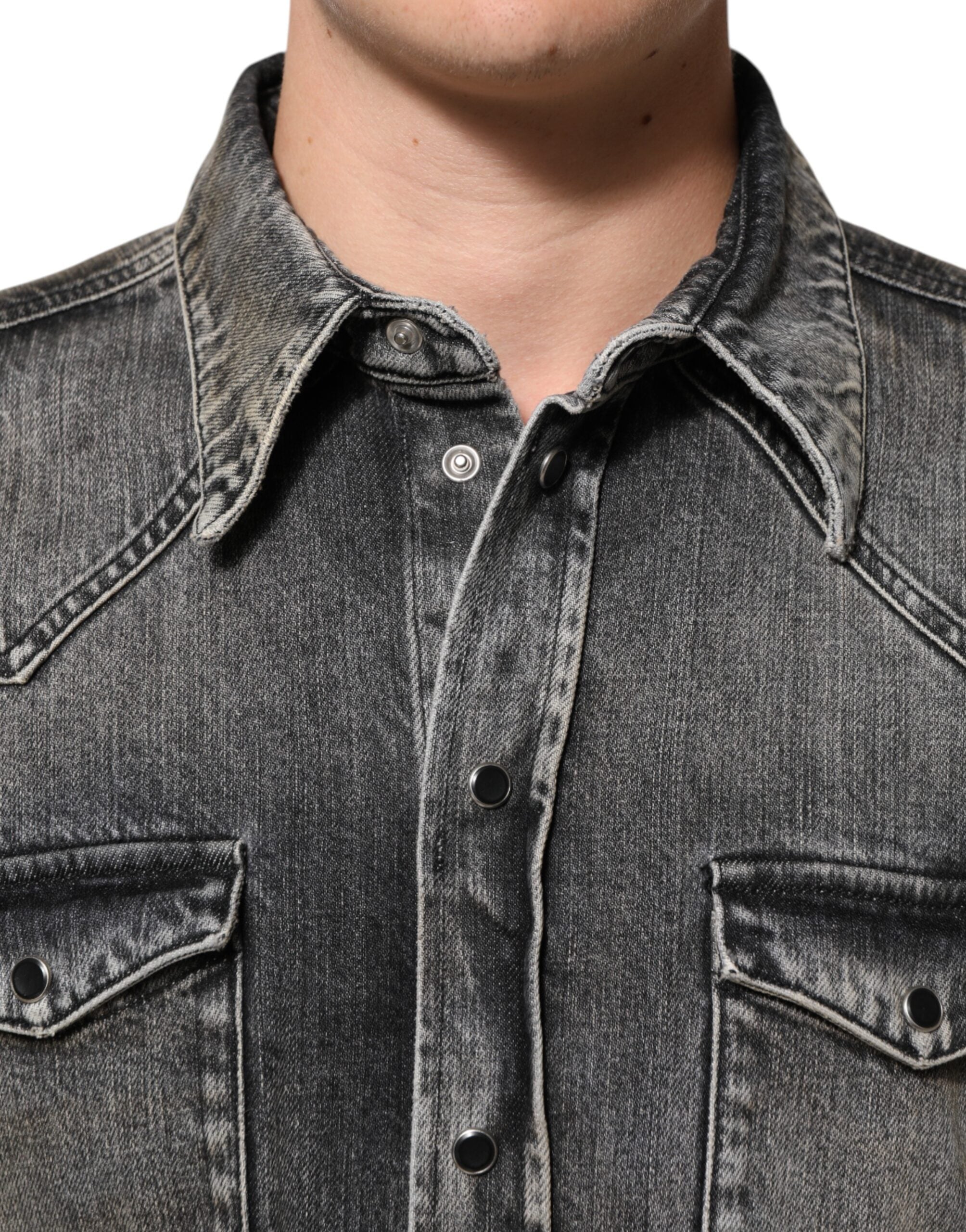 Black Washed Cotton Snap Long Sleeve Casual Shirt