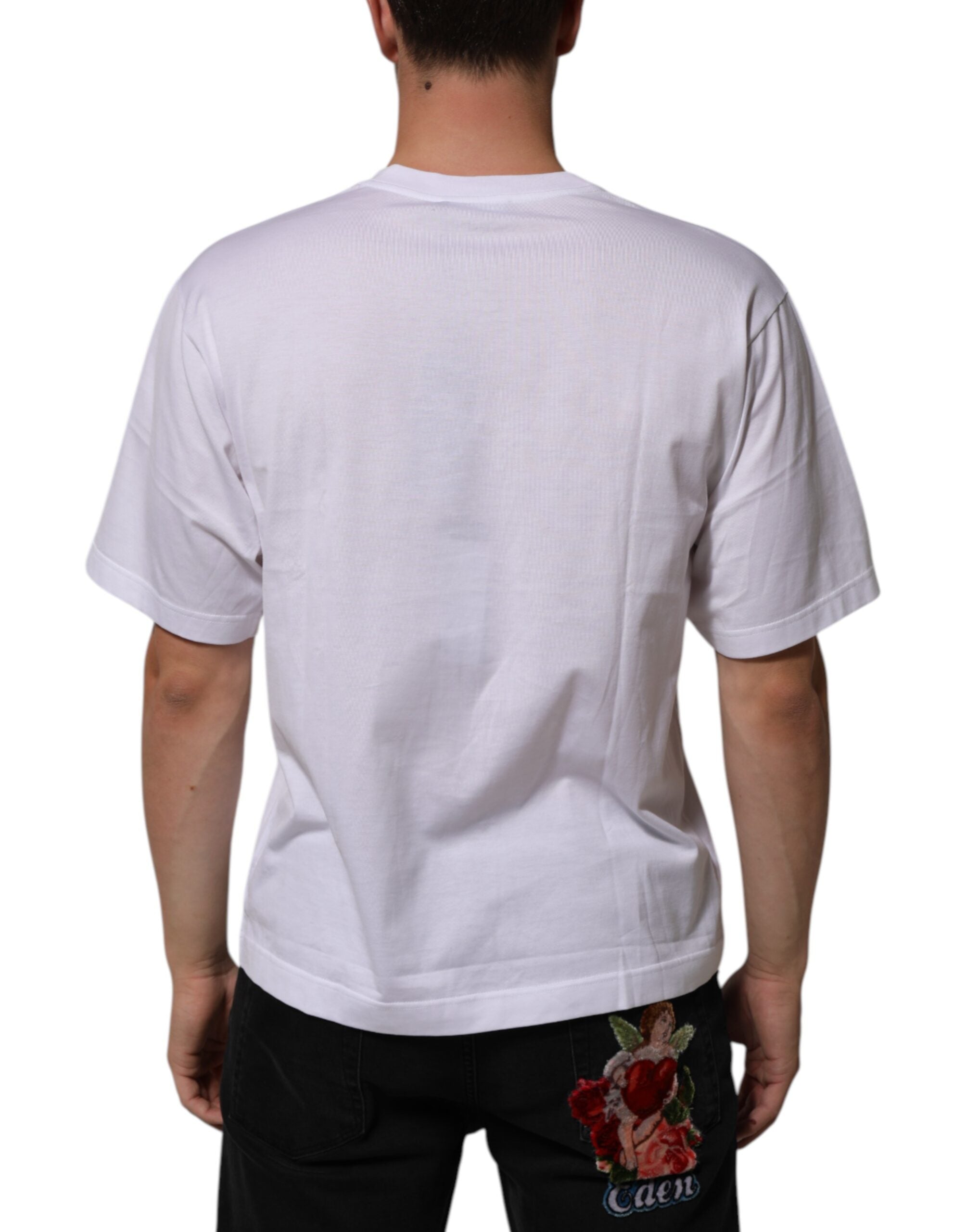 White Cotton Logo Patch Crew Neck Men T-shirt