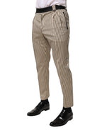 Beige Black Striped Cotton Slim Fit Trousers Pants