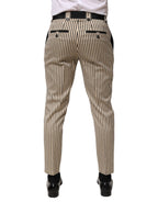 Beige Black Striped Cotton Slim Fit Trousers Pants