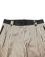 Beige Black Striped Cotton Slim Fit Trousers Pants