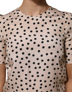 Beige Black Polka Dot Silk Short Sleeve Blouse Top