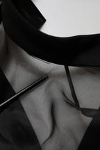 Black Sheer Sleeve Belted V-Neck Mini Dress