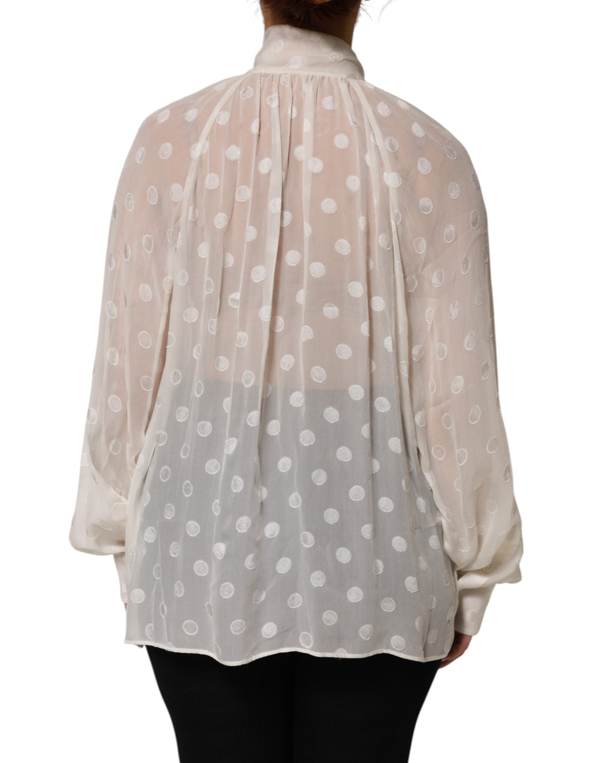 White Polka Sheer Silk Bow Tie Shirt Blouse Top