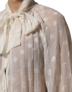 White Polka Sheer Silk Bow Tie Shirt Blouse Top