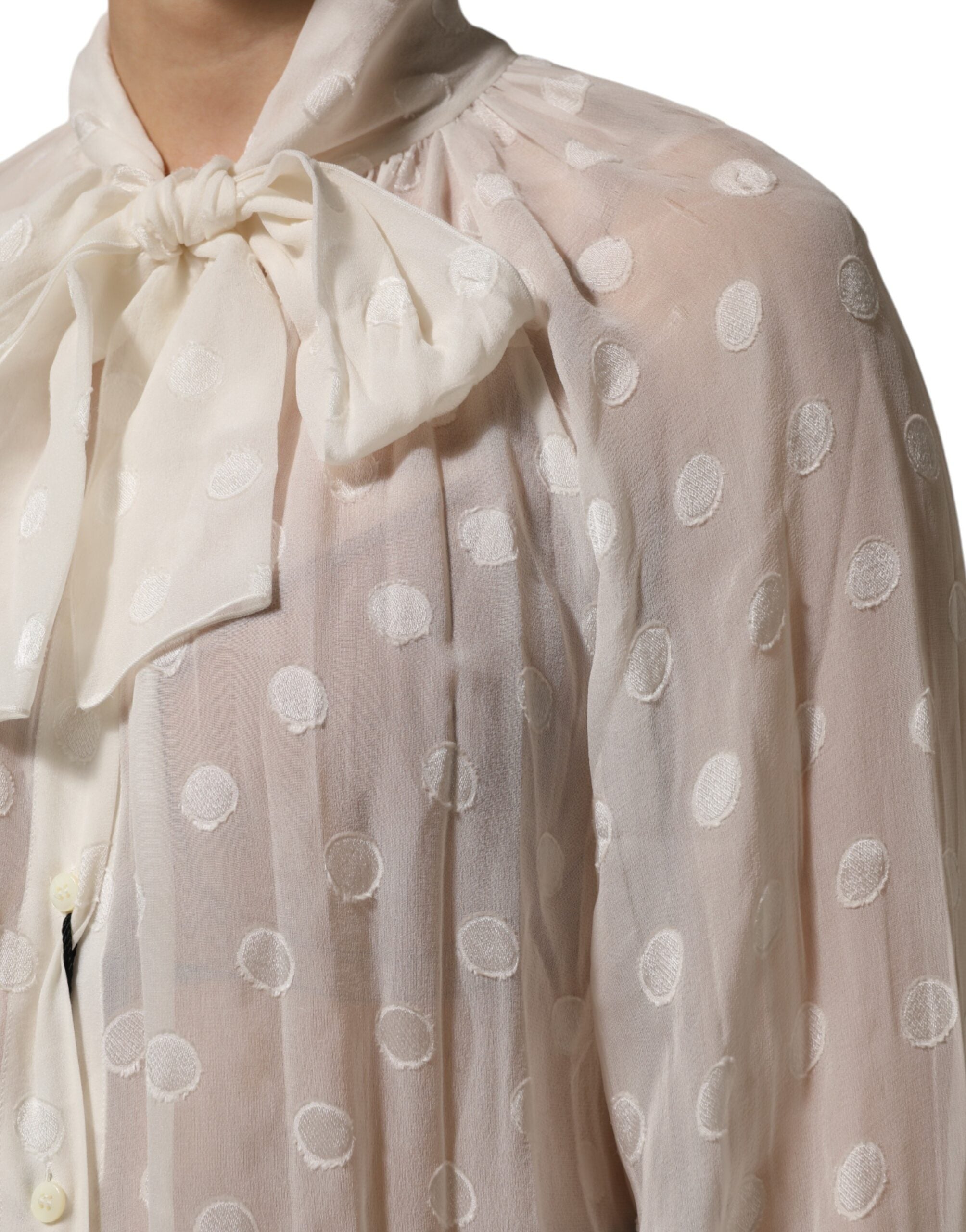White Polka Sheer Silk Bow Tie Shirt Blouse Top