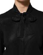Black Viscose Long Sleeve Tie Neck Blouse Top