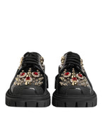 Black Leather Jeweled Crystals Derby Shoes