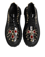 Black Leather Jeweled Crystals Derby Shoes