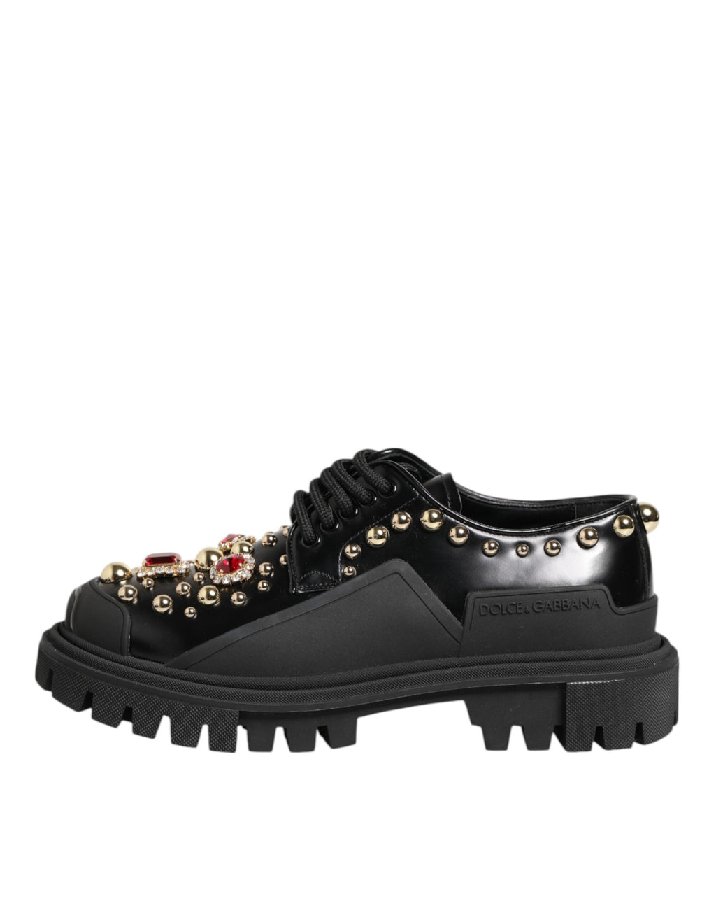 Black Leather Jeweled Crystals Derby Shoes