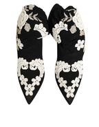 Black White Embroidered Jersey Stiletto Boots Shoes