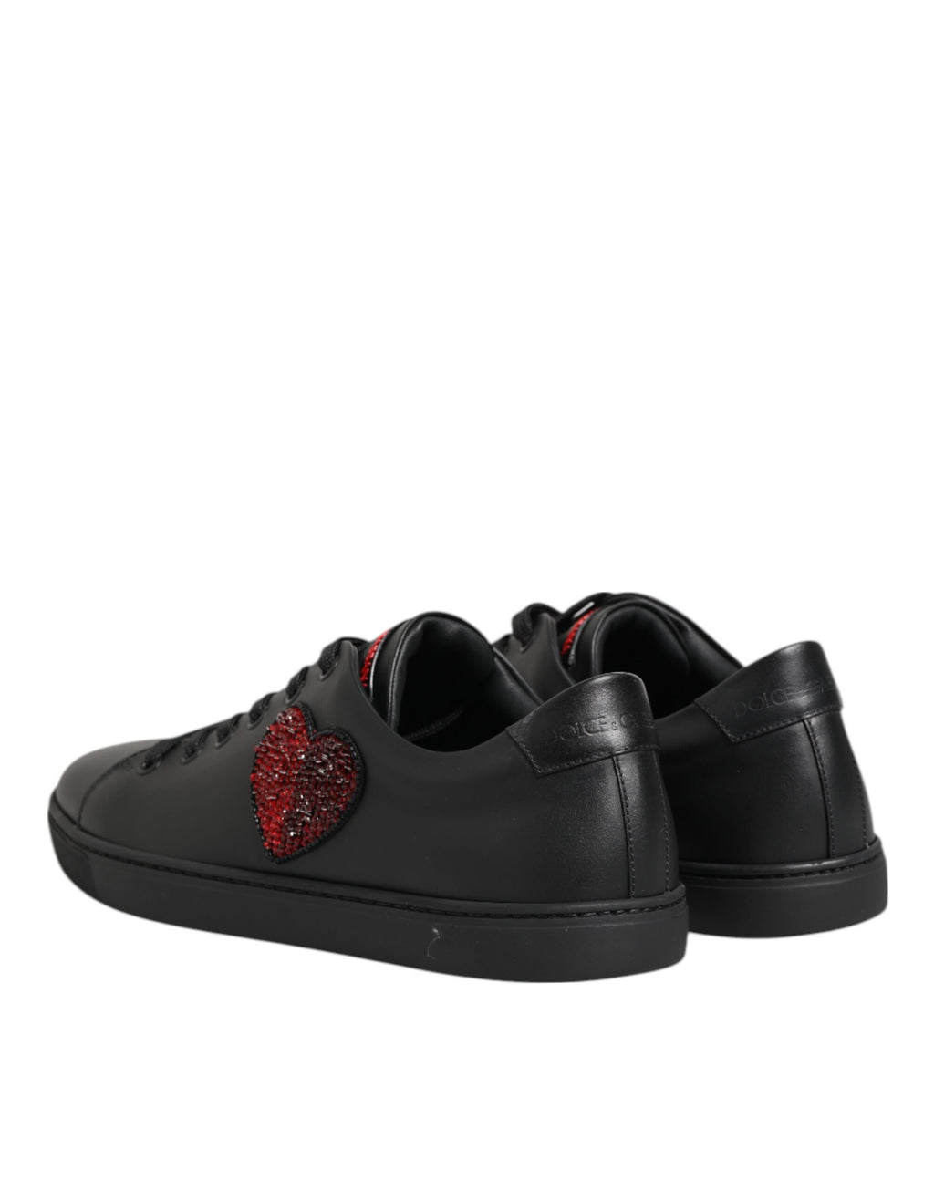 Black Leather Crystal Heart Low Top Sneakers  Shoes