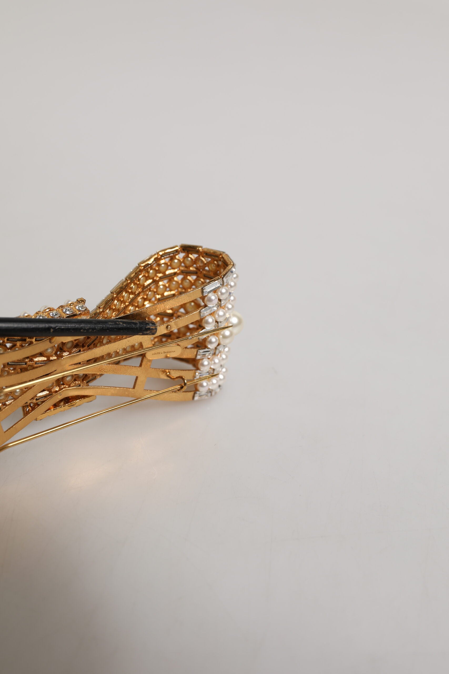 Gold Brass Glas Crystal Faux Pearl Embellished Brooch