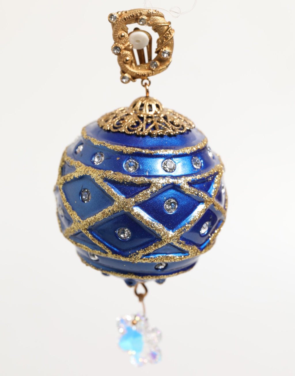 Gold Brass Blue Christmas Ball Crystal Drop Clip On Earrings