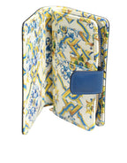 Blue Leather Continental Tile Print Zip Card Holder Purse Wallet